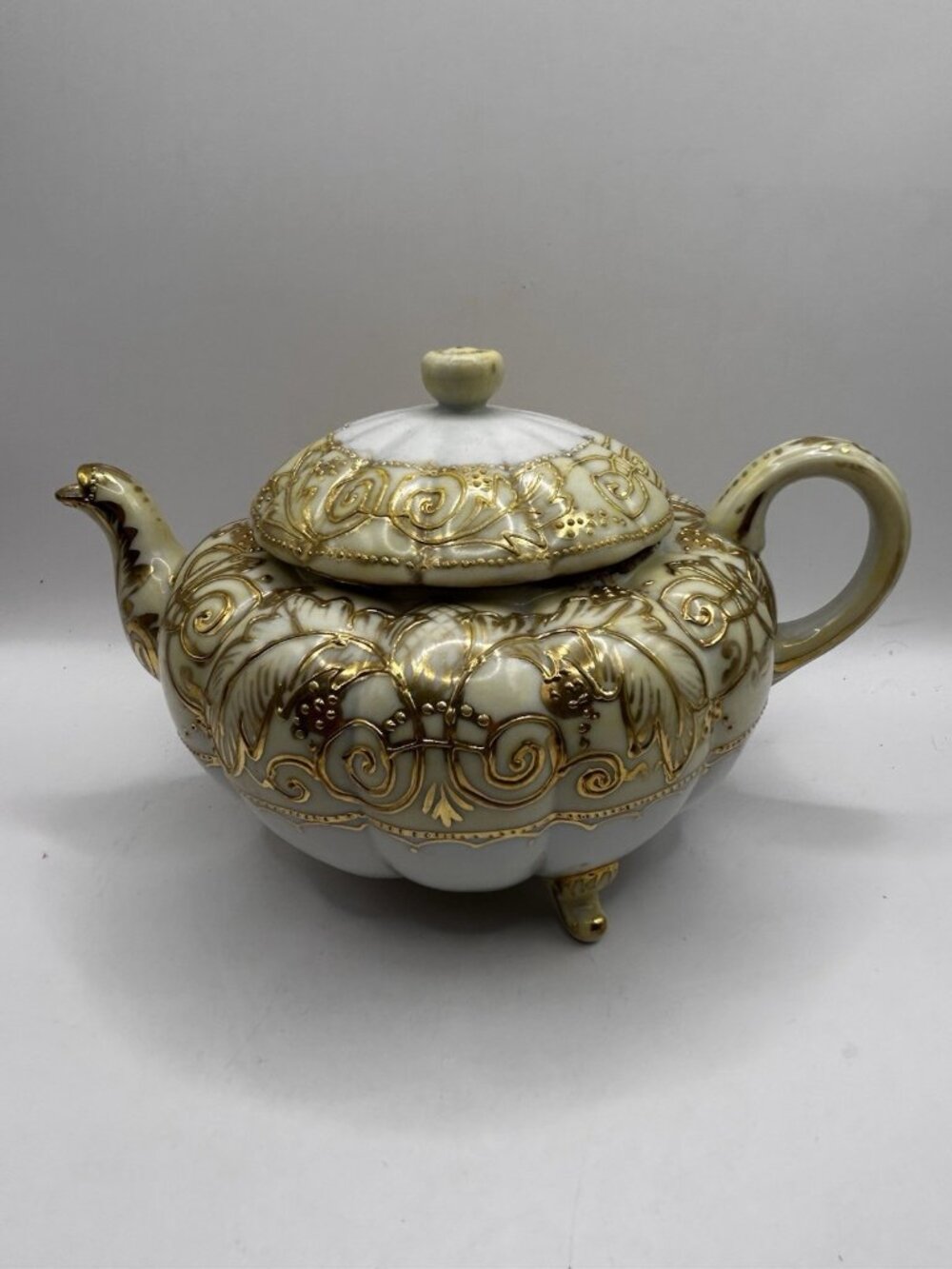 Antique Nippon Gold Moriage Teapot Hand Painted Japanese Porcelain Footed Gilt